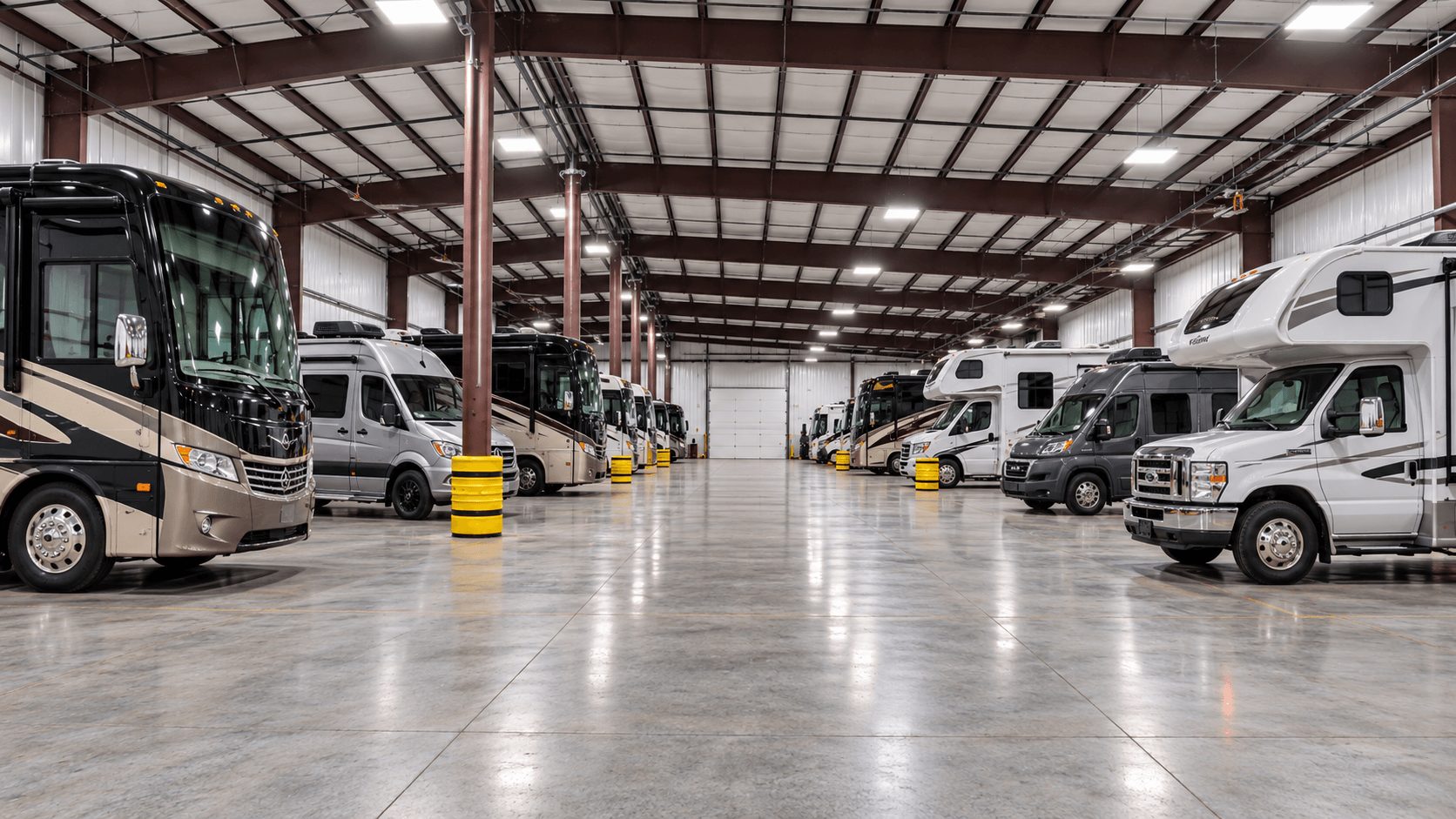 Motorhomes parked inside the heated Jenson Storage building in Logan, Utah